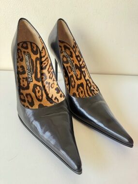 Gianmarco Lorenzi Italy Black Leather Pointed Toe Stiletto Pumps Size 39 Leopard